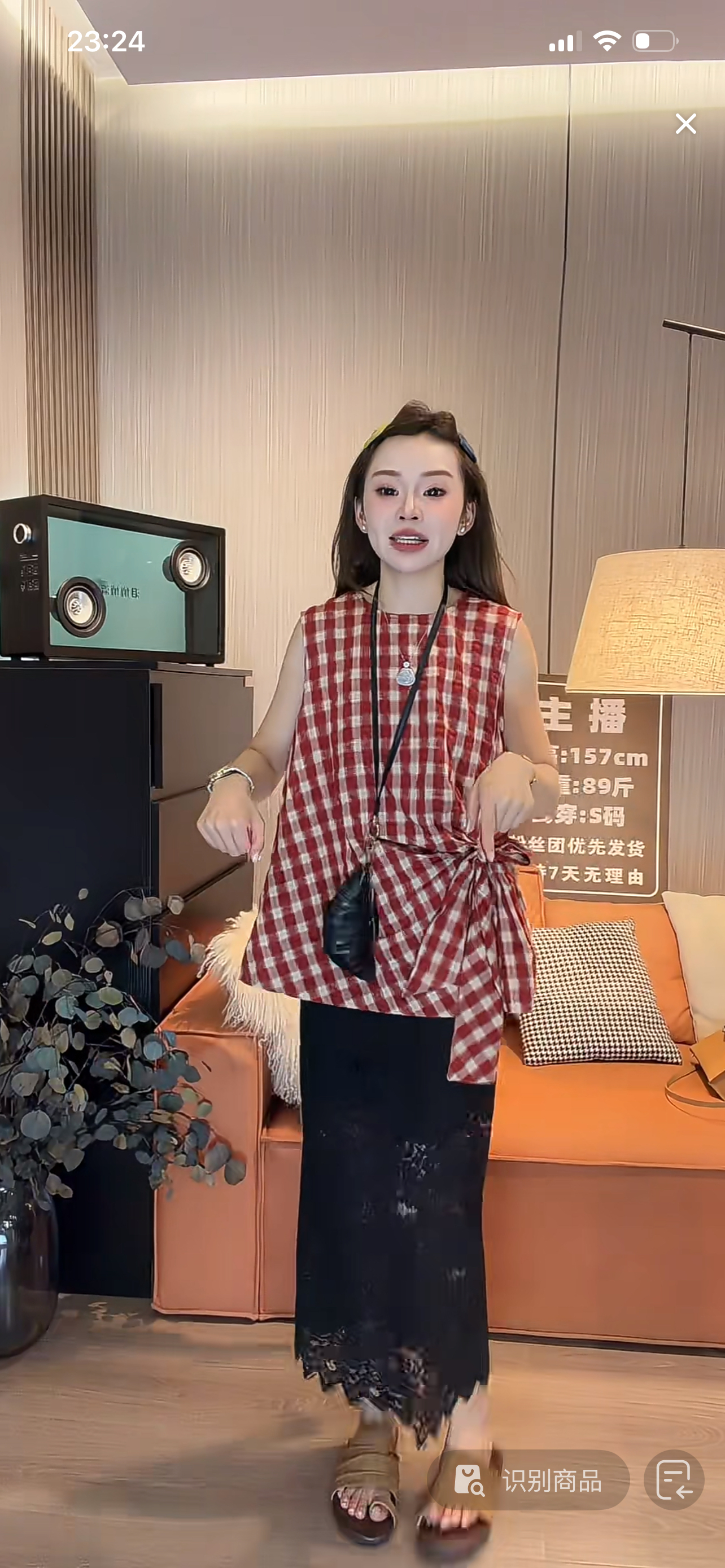 품격 다용도 한 부서 미니멀리즘 스트랩 라운드 넥 빨간색 체크무늬 맨위 반신 스커트