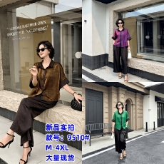 批发6夏复古大码高级感醋酸浮光锦衬衫短袖<b class='q'>T</b><b class='q'>恤</b>上衣宽松阔腿<b class='q'>裤</b><b class='q'>显瘦</b>套<b class='q'>装</b>