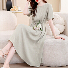 批发单层不透有口袋新款松紧腰人丝麻抗皱洋气气质过膝中长短袖<b class='q'>连衣裙</b>