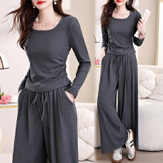 批发春秋新款刘亦菲薄绒高弹针织塑形U领长袖T恤松紧腰阔腿裤休闲套装