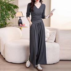 批发春季新款刘亦菲薄绒高弹针织塑形V领长袖T恤松紧腰阔腿裤休闲套装