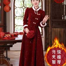 批发新中式敬酒服2025新款新娘秋冬结婚红色订婚礼服裙女冬季加绒<b class='q'>旗袍</b>
