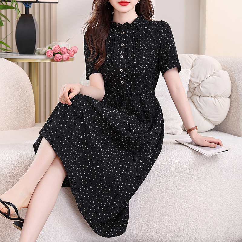 실사 프랑스식 레트로 작은 꽃무늬 여성 드레스 프릴 스탠드 칼라 플리츠 펌프 로프 허리 수축 슬림해 보이는 부드러운 바람