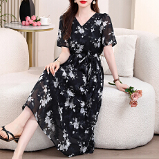 批发雪纺<b class='q'>提花</b><b class='q'>连衣裙</b>女夏季新款V领短袖系带收腰显瘦中长款气质裙子