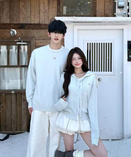 실사 커플룩 가을 겨울 의류 해군 칼라 몸매 가꾸기 슬림해 보이는 니트 스웨터 풀오버 남자 있음 선적