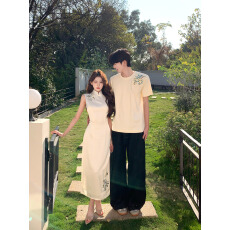 批发实拍情侣装夏装2026新中式修身旗袍连衣裙一裙一衣男T恤