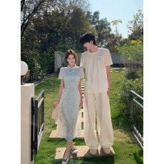 批发实拍情侣装夏装2026新款新中式旗袍连衣裙男T恤