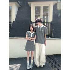 批发实拍情侣装夏装短袖T恤polo领一裙一衣女裙