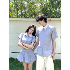 批发实拍情侣装夏装<b class='q'>韩版</b>短袖衬衫男女连衣裙法式一裙一衣