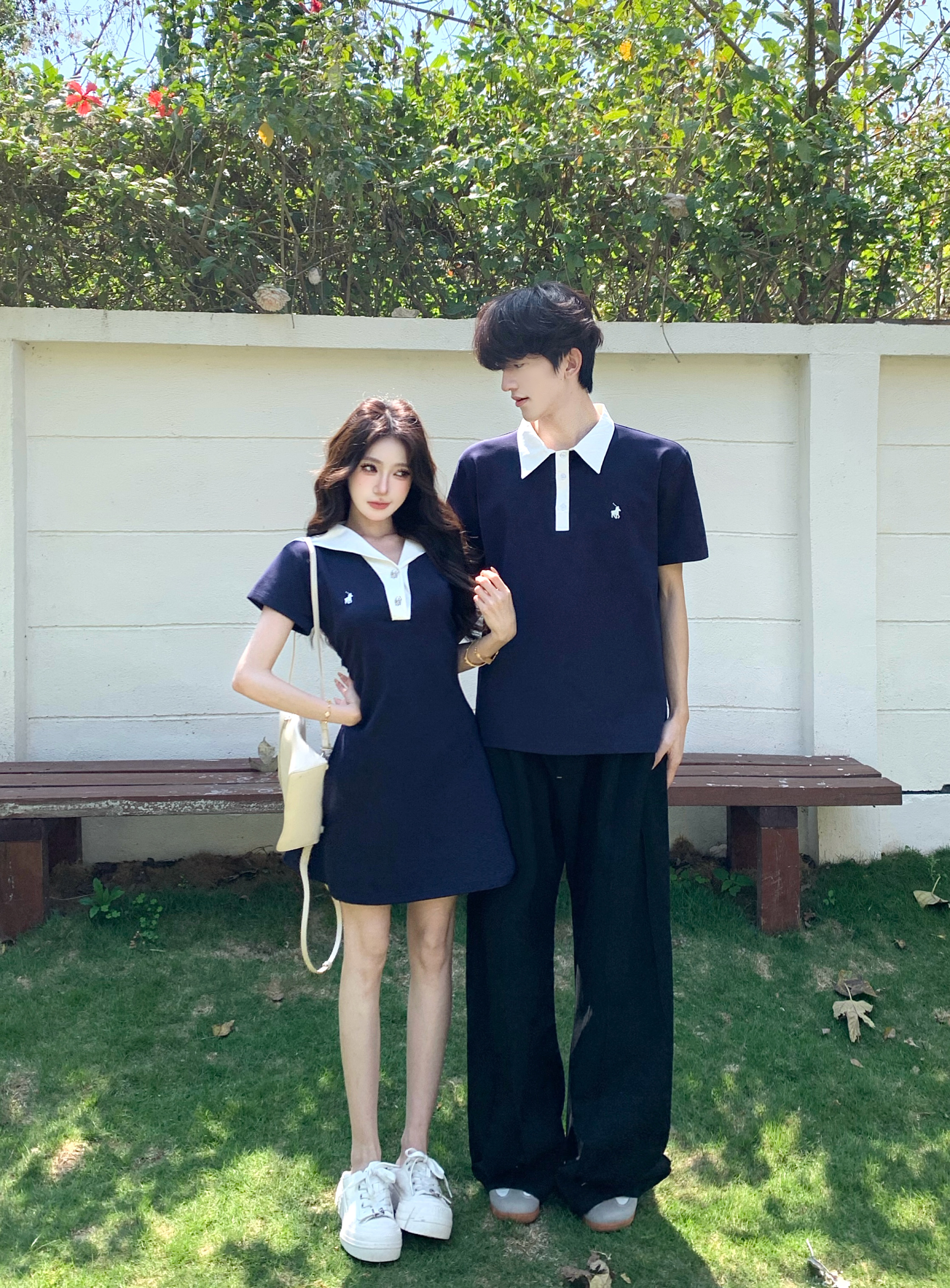 실사 커플룩 여름 드레스 반팔 티셔츠 POLO 칼라 하나 치마 하나 의류 치마