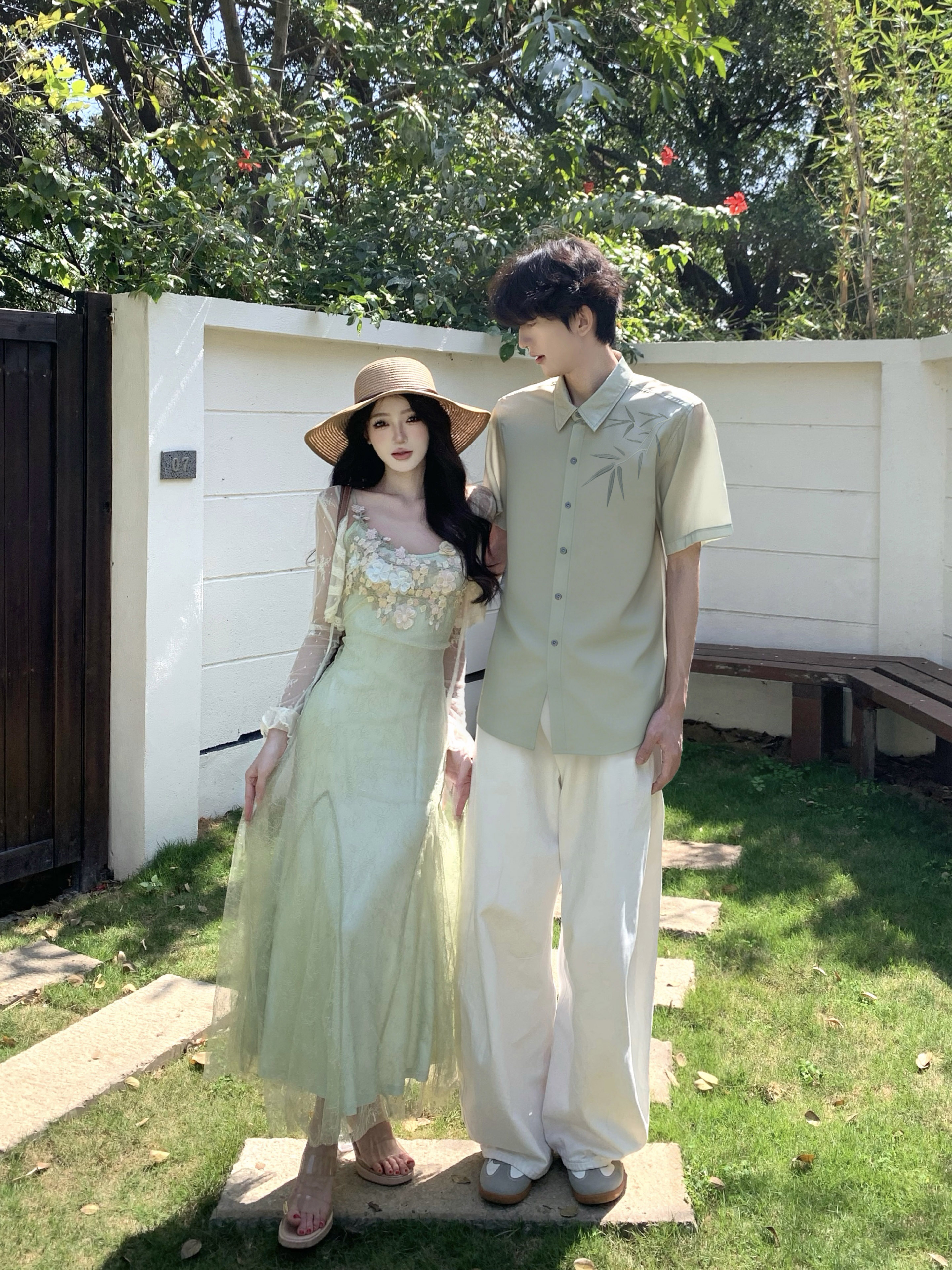 커플룩 여름 드레스 새로운 해변 여행 드레스 여성복 남자 셔츠