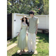 批发情侣装夏装新款沙滩出游连衣裙女套装男衬衫