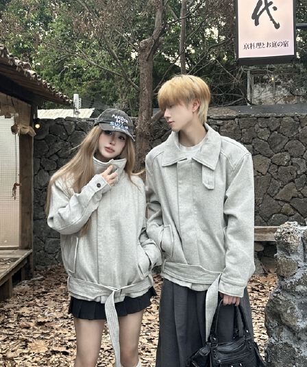 실사 커플룩 가을 겨울 동점 꽃과 함께 실 재킷 긍정적 인 어깨 출퇴근 cleanfit 폴로 칼라 모직 외투 있음 선적