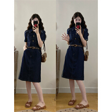 批发<b class='q'>大码</b>女装设计感气质短袖牛仔连衣裙胖mm夏季新款收腰显瘦中长裙子