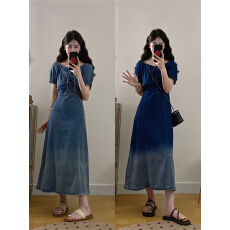 批发<b class='q'>大码</b>女装短袖渐变色牛仔连衣裙胖mm夏季新款收腰遮肉显瘦中长裙子