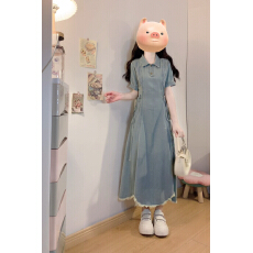 批发<b class='q'>大码</b>女装绑带设计感牛仔连衣裙短袖胖mm夏季新款收腰显瘦长裙子