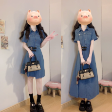 批发<b class='q'>大码</b>女装牛仔假两件连衣裙胖mm夏季新款一片式遮肉收腰显瘦裙子