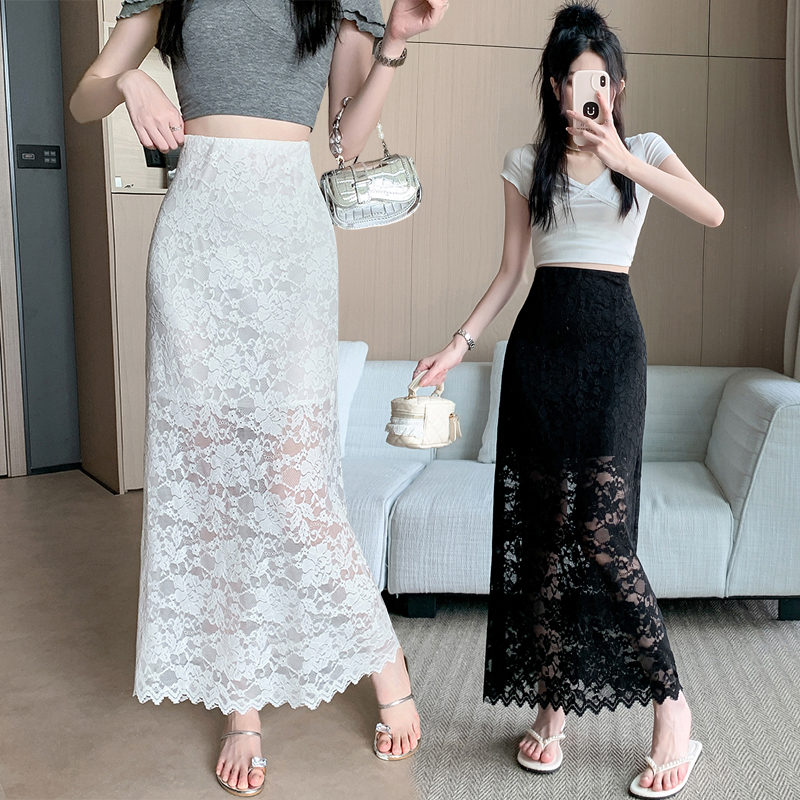 实拍蕾丝网纱半身裙女夏季2026新款气质高腰显瘦垂感a字包臀长裙