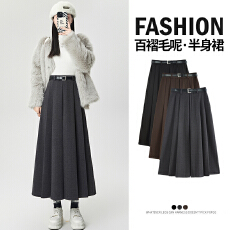 批发灰色厚毛呢料百褶长裙<b class='q'>半身裙</b>中长款女2026秋冬新款遮胯a字<b class='q'>百褶裙</b>