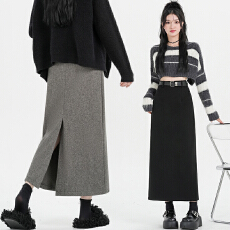 批发<b class='q'>实拍</b>厚毛呢半身裙女冬2025新款一步裙中长款直筒开叉气质黑色裙子