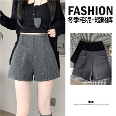 批发灰色高腰闪亮a字毛呢阔腿短<b class='q'>裤</b>女冬款2025新款休闲显瘦女士靴<b class='q'>裤</b>子