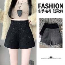 批发灰色高腰闪亮a字毛呢阔腿短<b class='q'>裤</b>女冬款2025新款休闲显瘦女士靴<b class='q'>裤</b>子