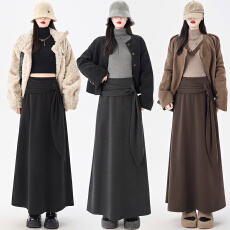 批发美拉德咖色加厚毛呢半身裙女秋冬高腰显瘦垂感a字伞裙长款大摆裙
