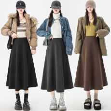 批发咖色伞裙半身裙女秋冬季2025新款高腰赫本风西装中<b class='q'>长裙</b>毛呢a字裙