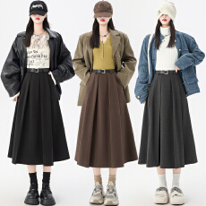 批发咖色毛呢半身裙女秋冬季2025新款显瘦垂感伞裙a字中长款百褶裙子