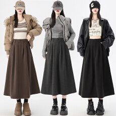 批发灰色毛呢半身裙女秋冬2025新款高腰a字中<b class='q'>长裙</b>子遮胯气质百褶伞裙