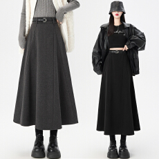 批发高级灰色毛呢西装拼接半身裙女秋冬高腰显瘦垂感a字伞裙大摆长裙