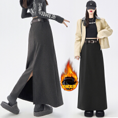 批发加绒加厚毛呢半身裙女秋冬季加绒2025新高腰a字显瘦开叉直筒长裙