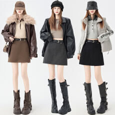 批发灰色毛呢半身裙女秋冬高腰显瘦A字呢子半裙防走光小个子包臀短裙