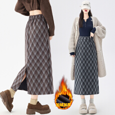 批发加绒加厚毛呢格子半身裙女秋冬季新款高腰显瘦磨毛中长款包臀裙子