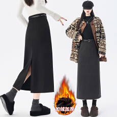 批发灰色毛呢半身裙子女秋冬季气质显瘦后开叉包臀裙高腰a字加绒长裙
