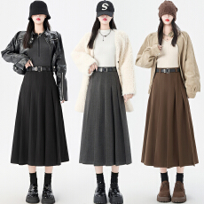 批发灰色毛呢百褶裙女秋冬高腰西装垂感显瘦秋冬大摆a字中长款半身裙