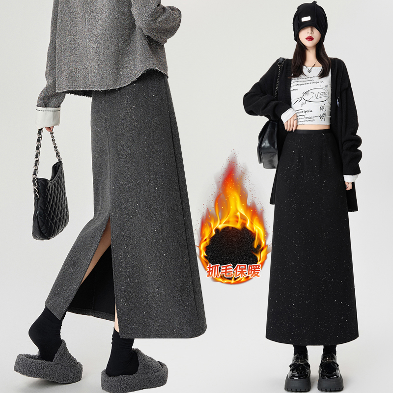 灰色毛呢加绒加厚半身裙女秋冬款2025新款后开叉包臀裙冬中长裙子