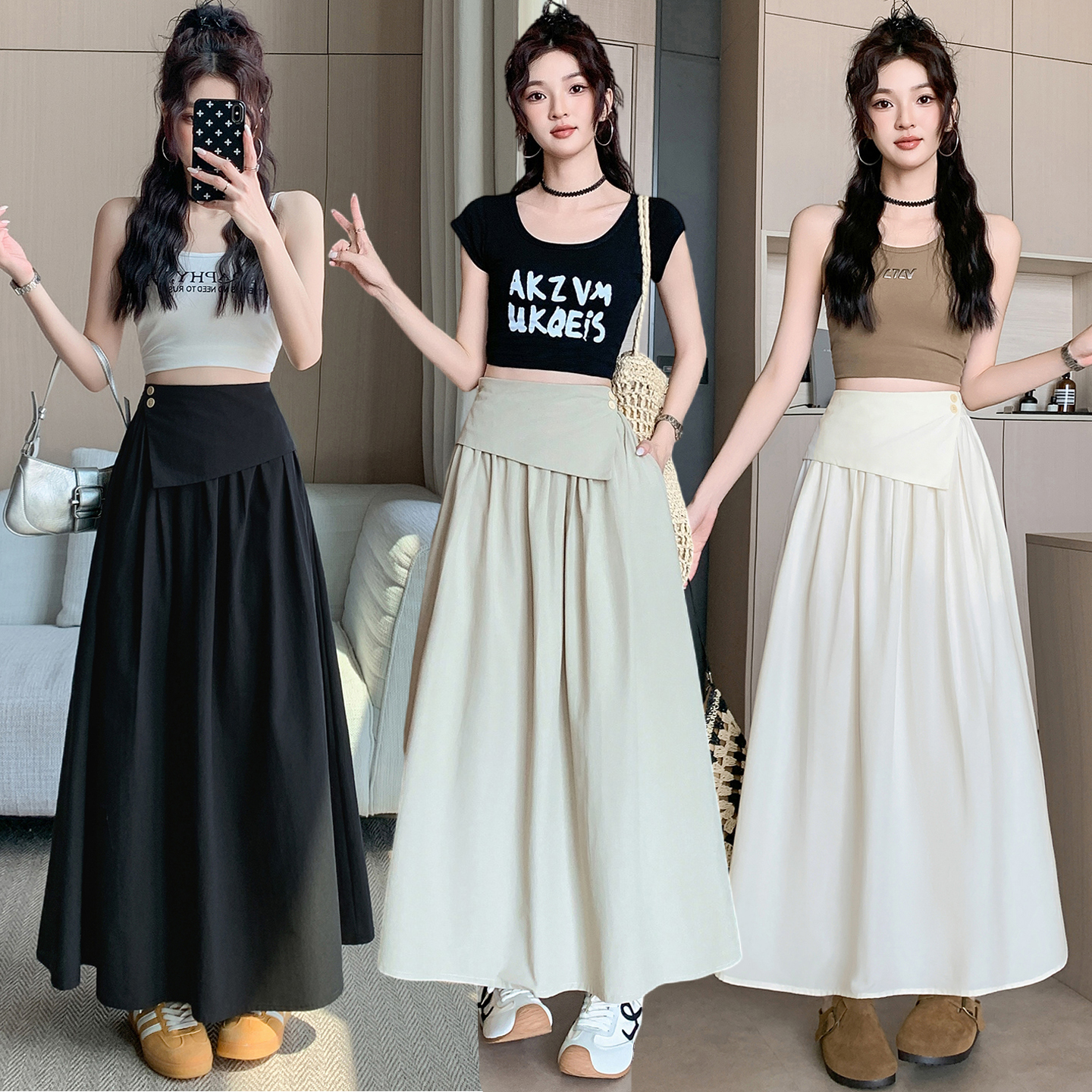 不规则褶皱半身裙女夏季2026新款气质收腰遮胯显瘦大裙摆A字长裙