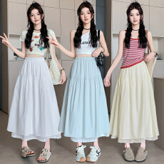 批发文艺风拼接花边裙摆<b class='q'>半身</b>裙女春夏新款高腰A字裙中长款温柔蛋糕裙