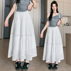 批发文艺风拼接花边裙摆<b class='q'>半身</b>裙女春夏新款高腰A字中长款温柔遮胯裙子