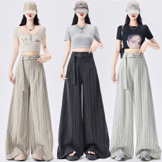 批发美式复古黑色条纹阔腿裤<b class='q'>女</b>春夏新款高腰百搭<b class='q'>西装</b>裤垂坠感休闲裤子