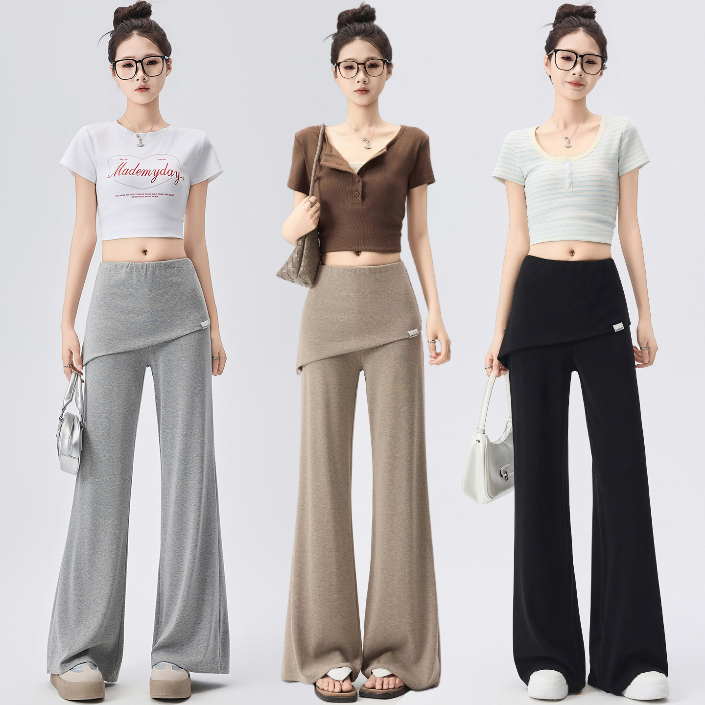 实拍灰色微喇裤女夏季薄款小个子屁帘裤垂感修身高弹休闲微喇裤子