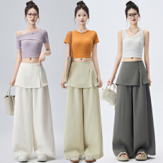 批发实拍西装阔腿裤<b class='q'>女</b>夏季新款假两件屁帘高腰长裤拖地直筒宽松休闲裤