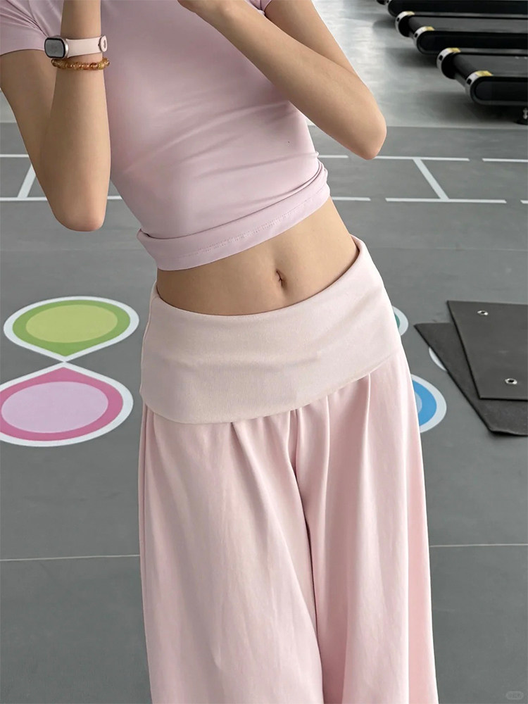 아메리칸 핑크색 뒤집다 허리 와이드 레깅스 바지 봄 가을 여름 느긋한 바람 도루 센스 슬림해 보이는 요가 피트니스 찹쌀 운동 바지