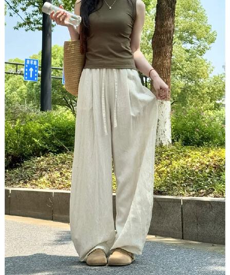 아마 도루 센스 와이드 레깅스 바지 여름 얇은 스타일 블루 색상 얼음 실크 바지 빅 사이즈 통통한 여동생 슬림해 보이는 면 린넨 모통이 칼 바지
