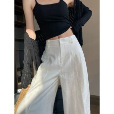 批发白色亚麻苎麻阔腿裤女夏季薄款高腰垂感老钱风<b class='q'>西装</b>直筒<b class='q'>棉麻</b>休闲裤