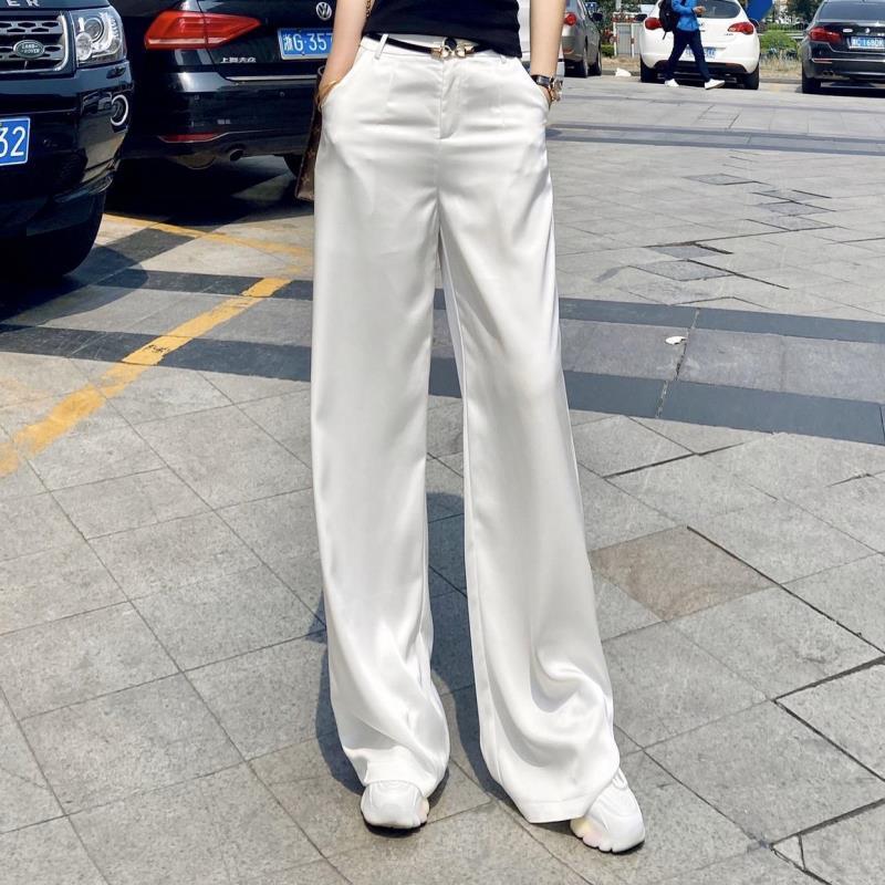 캐주얼 도루 가을 센스 아세트산 와이드 레그 팬츠 여름 하이웨이스트 긴 바지 벨트 보내기 다용도 새틴 루즈핏 슬림해 보이는 바지 아이들