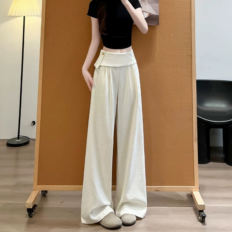 검정색 정장 와이드 레깅스 바지 여름 얇은 스타일 2026 새로운 루즈핏 느긋한 바람 하이웨이스트 슬림해 보이는 도루 센스 방귀 커튼 바지