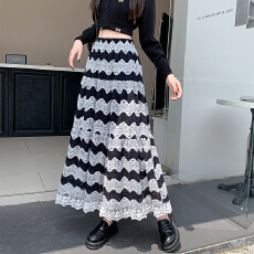 批发实拍2024秋冬新款撞色拼接复古法式钩花镂空蕾丝高腰显瘦A子长裙