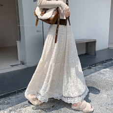 批发实拍2025秋冬新款拼接复古法式钩花镂空蕾丝高腰显瘦A子长裙